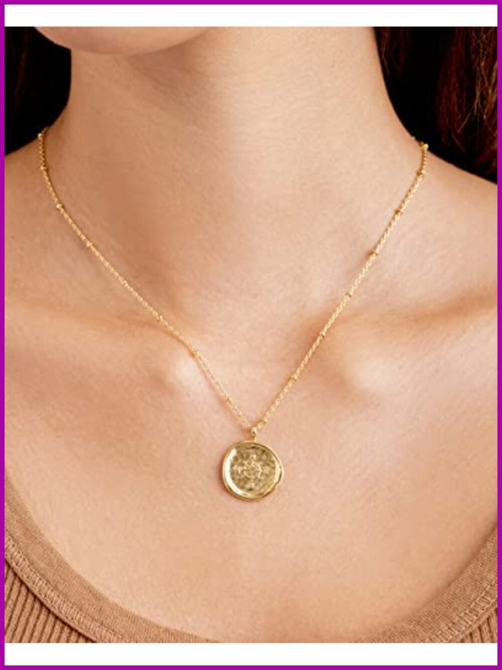 Compass Coin Pendant Necklace - 18k Gold Plated - Adjustable 17-19 inch Chain - Picture 2 of 4